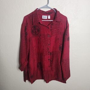 Chico's Design Shirt Women 3 XL Red Black Printed Silk Roll Tab Sleeve Button-Up